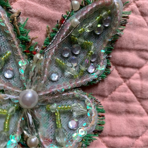 VINTAGE - Green fabric butterfly brooch - pin - with beads and rhinestones - Picture 3 of 6